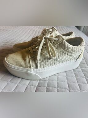 VANS Women's Old Skool Stackform Woven Suede and Canvas Trainers ivory size 6.5